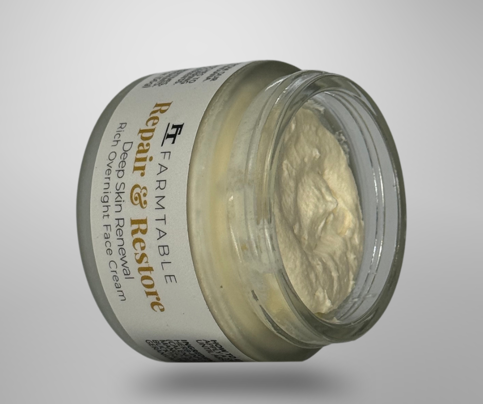 Jar of Farmtable Repair & Restore cream on a gray background