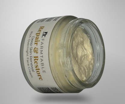 Jar of Farmtable Repair & Restore cream on a gray background