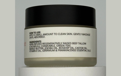 Jar of skincare product with label on a light gray background