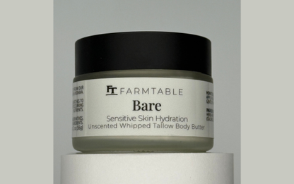 Jar of Farmtable Bare Sensitive Skin Hydration Unscented Whipped Tallow Body Butter on a light gray background