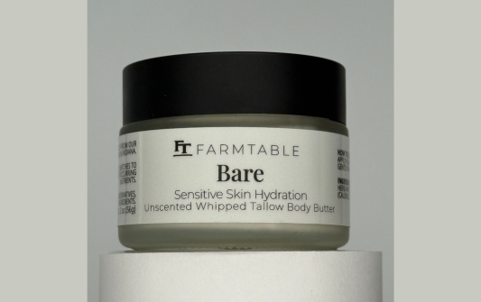 Jar of Farmtable Bare Sensitive Skin Hydration Unscented Whipped Tallow Body Butter on a light gray background