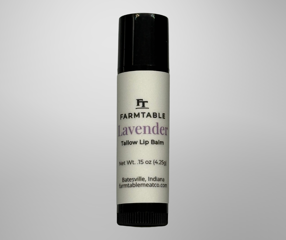 Lip balm container with 'Farmtable' branding on a gray background