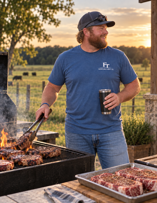 A man wearing a blue 'Farm to Fork T-Shirts' t-shirt and jeans grills steaks at sunset outdoors, holding a stainless steel cup while standing next to a grill with raw steaks on a table in the foreground.