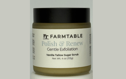Jar of Farmtable Vanilla Tallow Sugar Scrub on a white background
