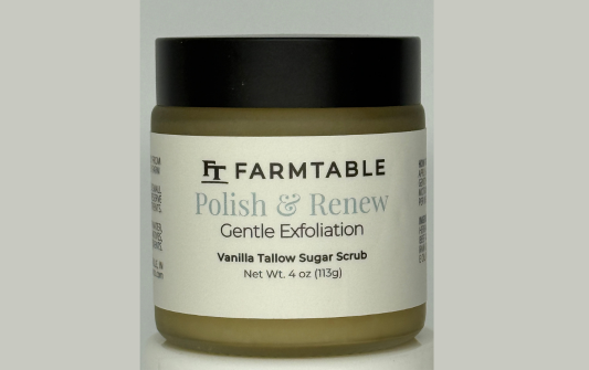 Jar of Farmtable Vanilla Tallow Sugar Scrub on a white background