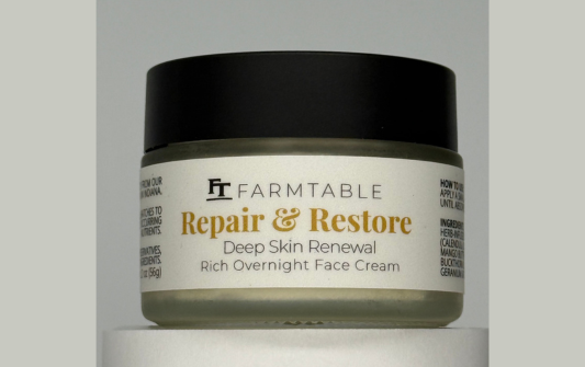 Jar of Farmtable Repair & Restore Deep Skin Renewal Rich Overnight Face Cream on a light gray background