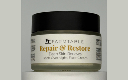 Jar of Farmtable Repair & Restore Deep Skin Renewal Rich Overnight Face Cream on a light gray background