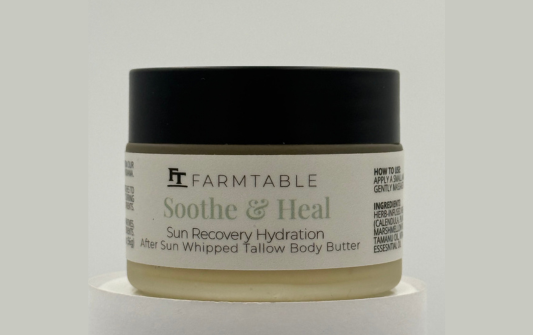 Jar of Farmtable Soothe & Heal body butter on a light gray background