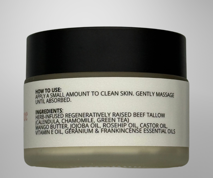 Jar of skincare product with label on a gray background