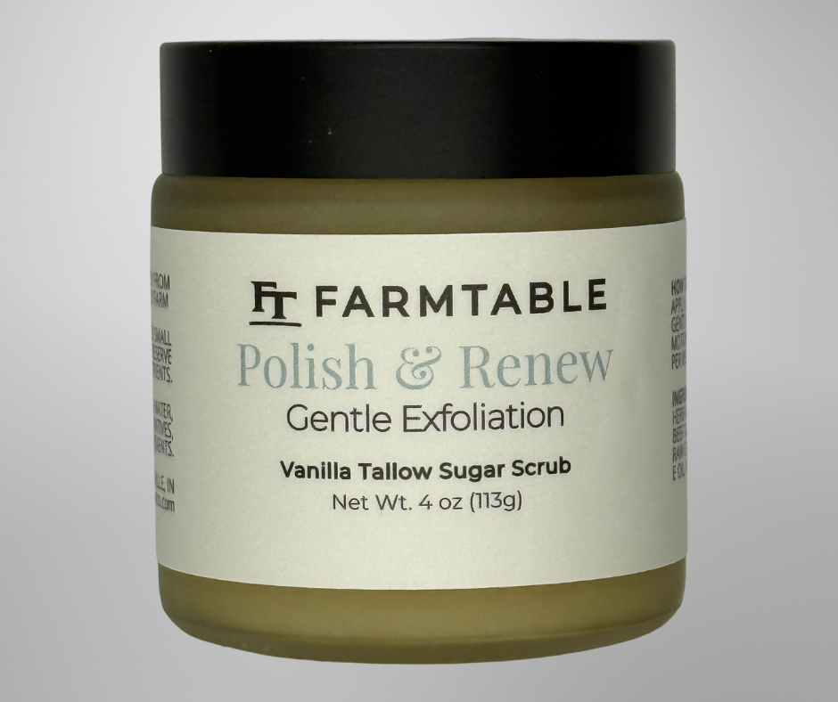 Jar of Farmtable Polish & Renew Gentle Exfoliation Vanilla Tallow Sugar Scrub on a gray background