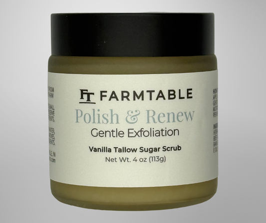 Jar of Farmtable Polish & Renew Gentle Exfoliation Vanilla Tallow Sugar Scrub on a gray background